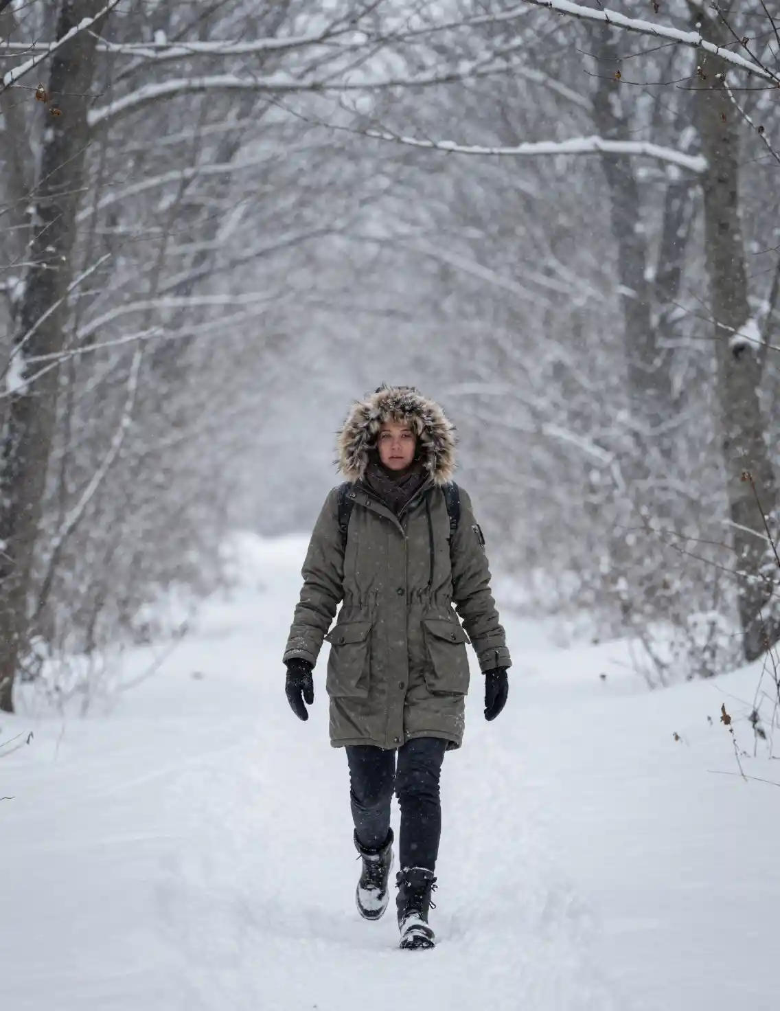Frau, die durch tiefen Schnee in einem Winterwald geht