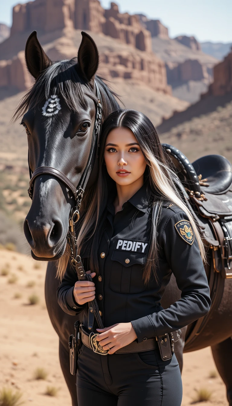 Mujer alguacil con caballo negro en un cañón del desierto