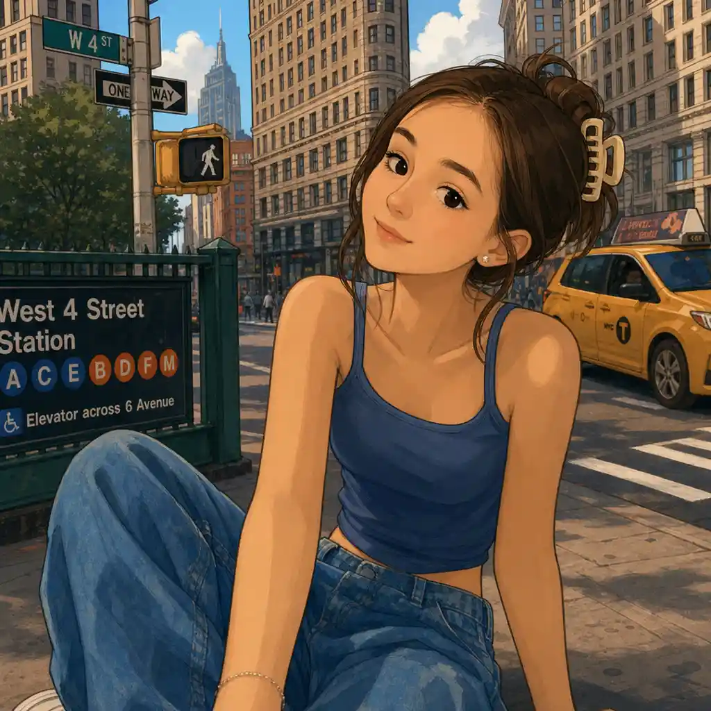 Chica de caricatura con camiseta sin mangas azul en una calle de Nueva York