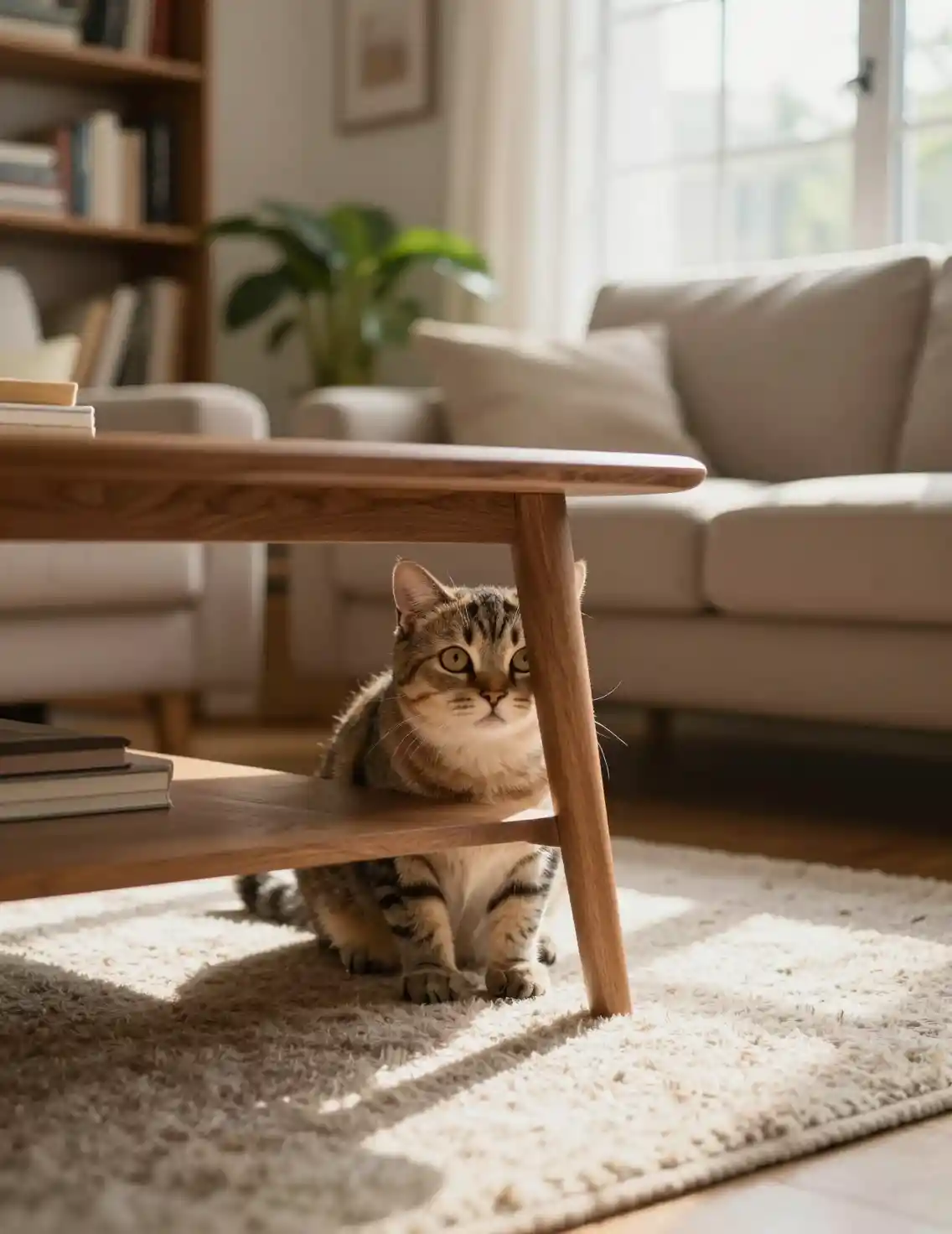 Neugierige Katze lugt hinter einem Holzcouchtisch hervor