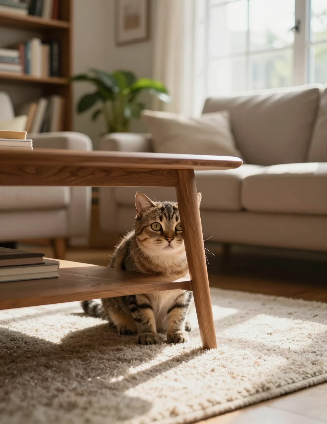 Gato curioso asomándose detrás de una mesa de café de madera