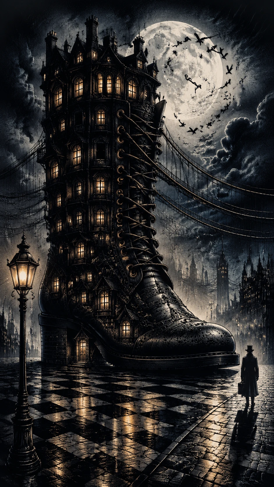 Casa en forma de bota victoriana en una calle lluviosa iluminada por la luna