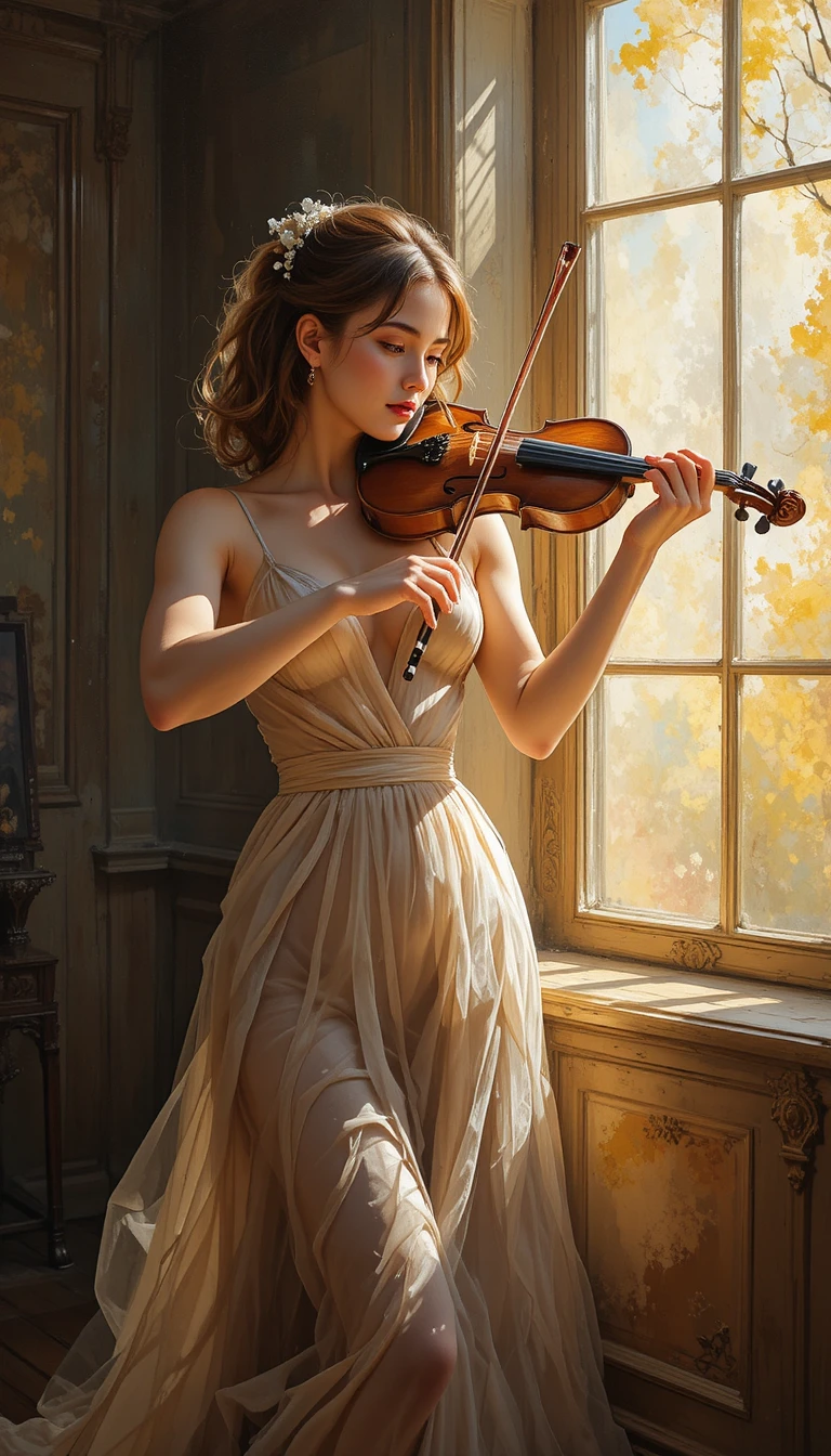 Mujer elegante tocando el violín junto a una ventana suavemente iluminada