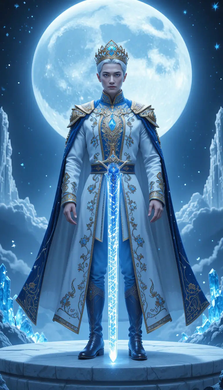 Silver haired fantasy prince with crystal sword