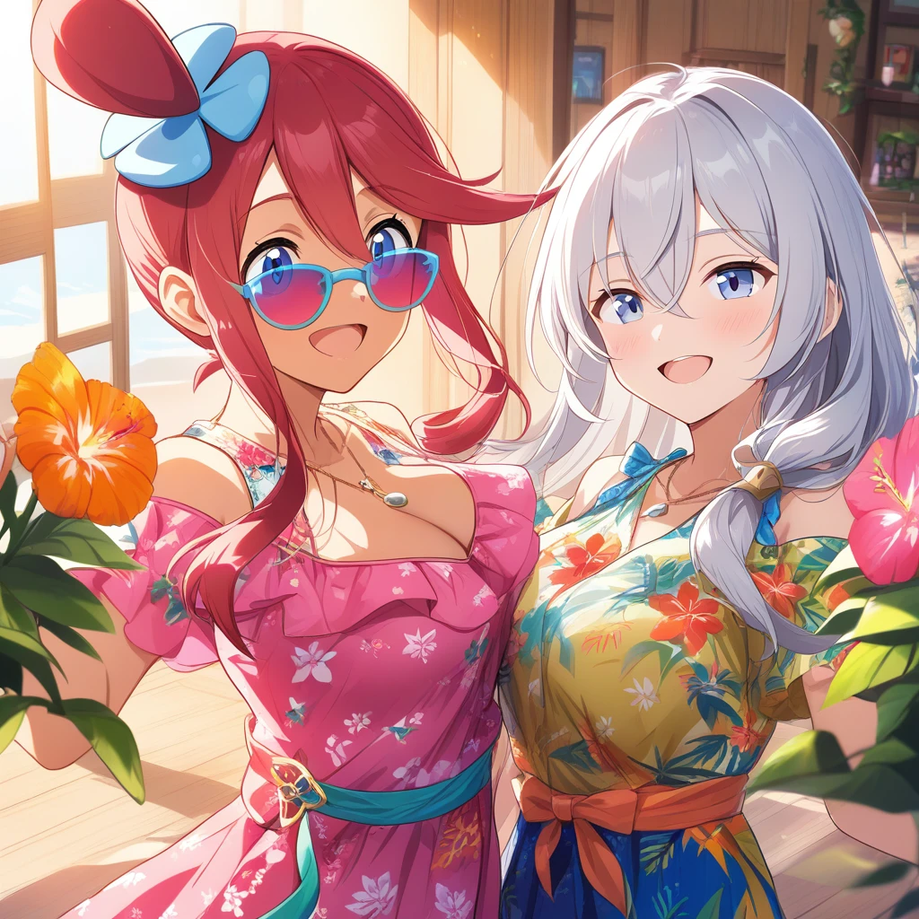 花柄ドレスにピンクのサングラスをかけた2人のアニメ少女
