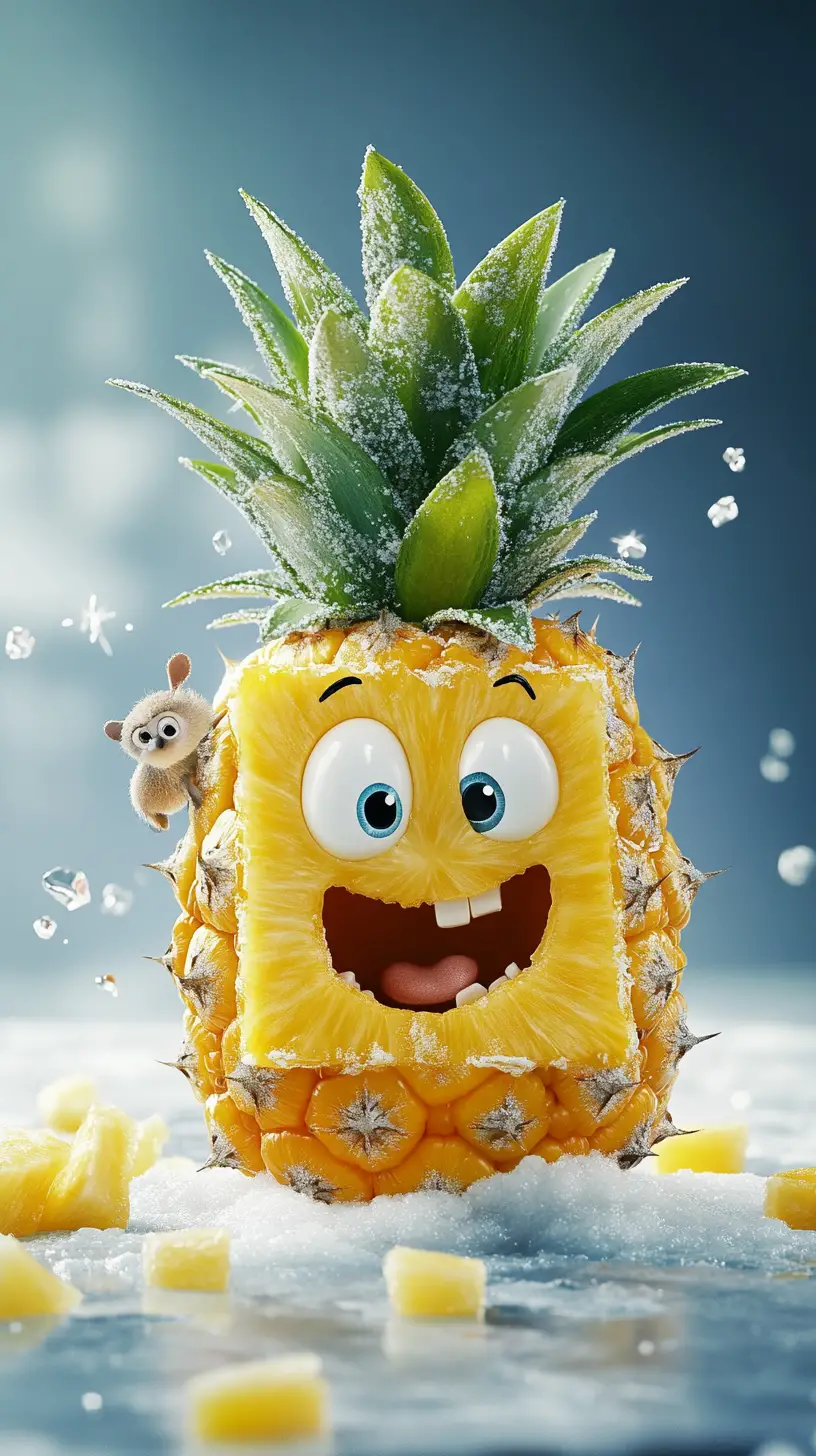 Dolci orsi polari cartoon che fanno uno spuntino con un’ananas ghiacciata