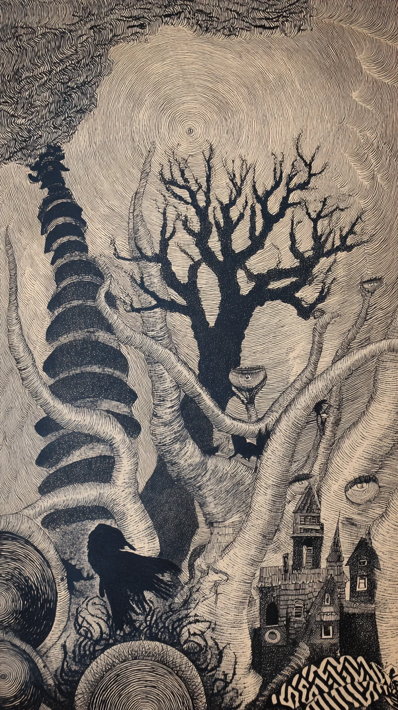 Gothic surreal forest with towering spiraling trees