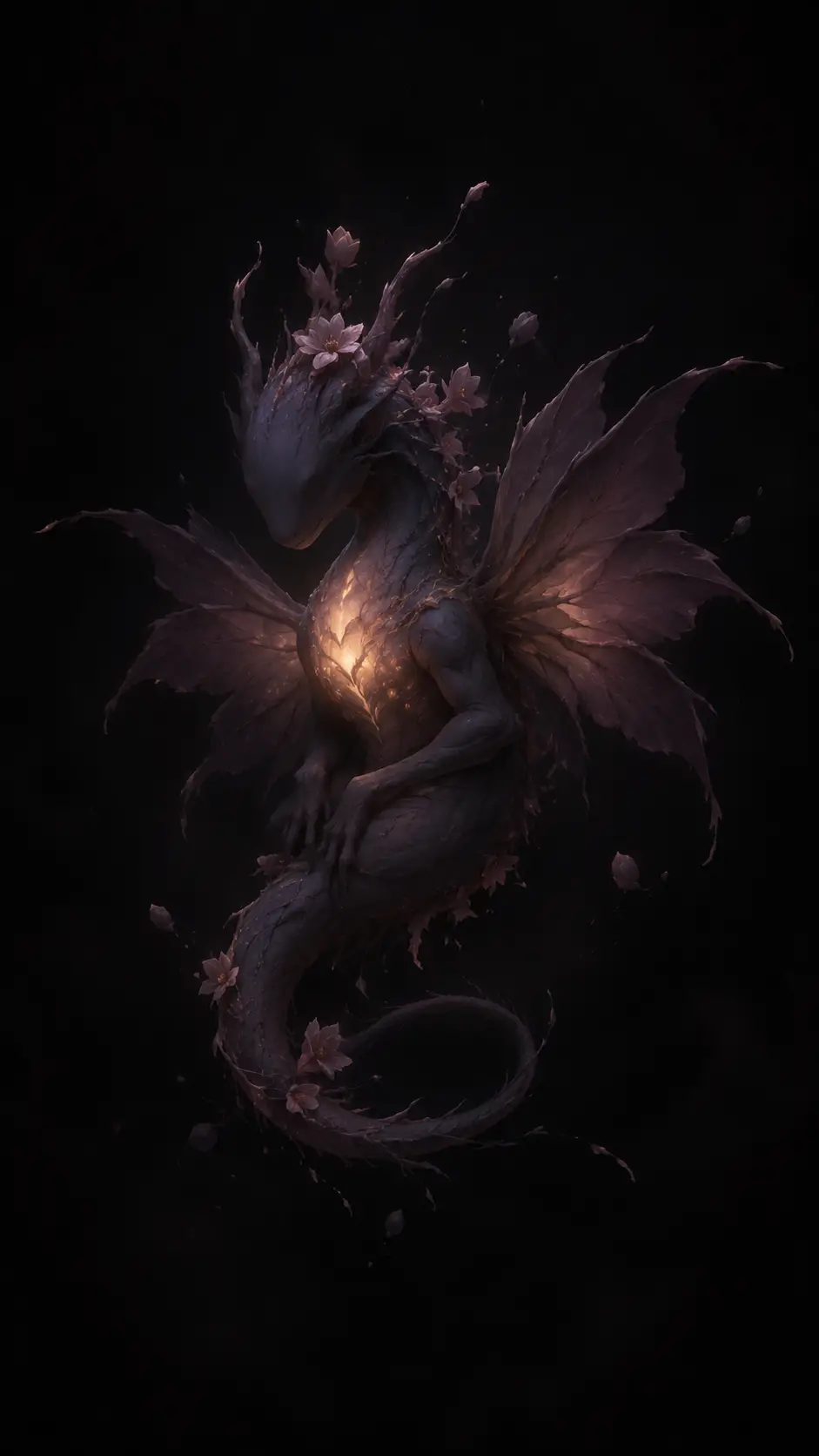 Petit dragon sans yeux au torse lumineux dans le vide obscur