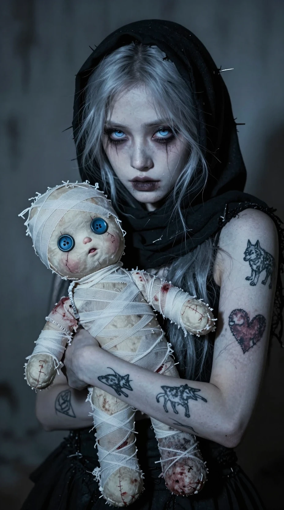 Retrato en primer plano inquietante de una niña pálida con una muñeca