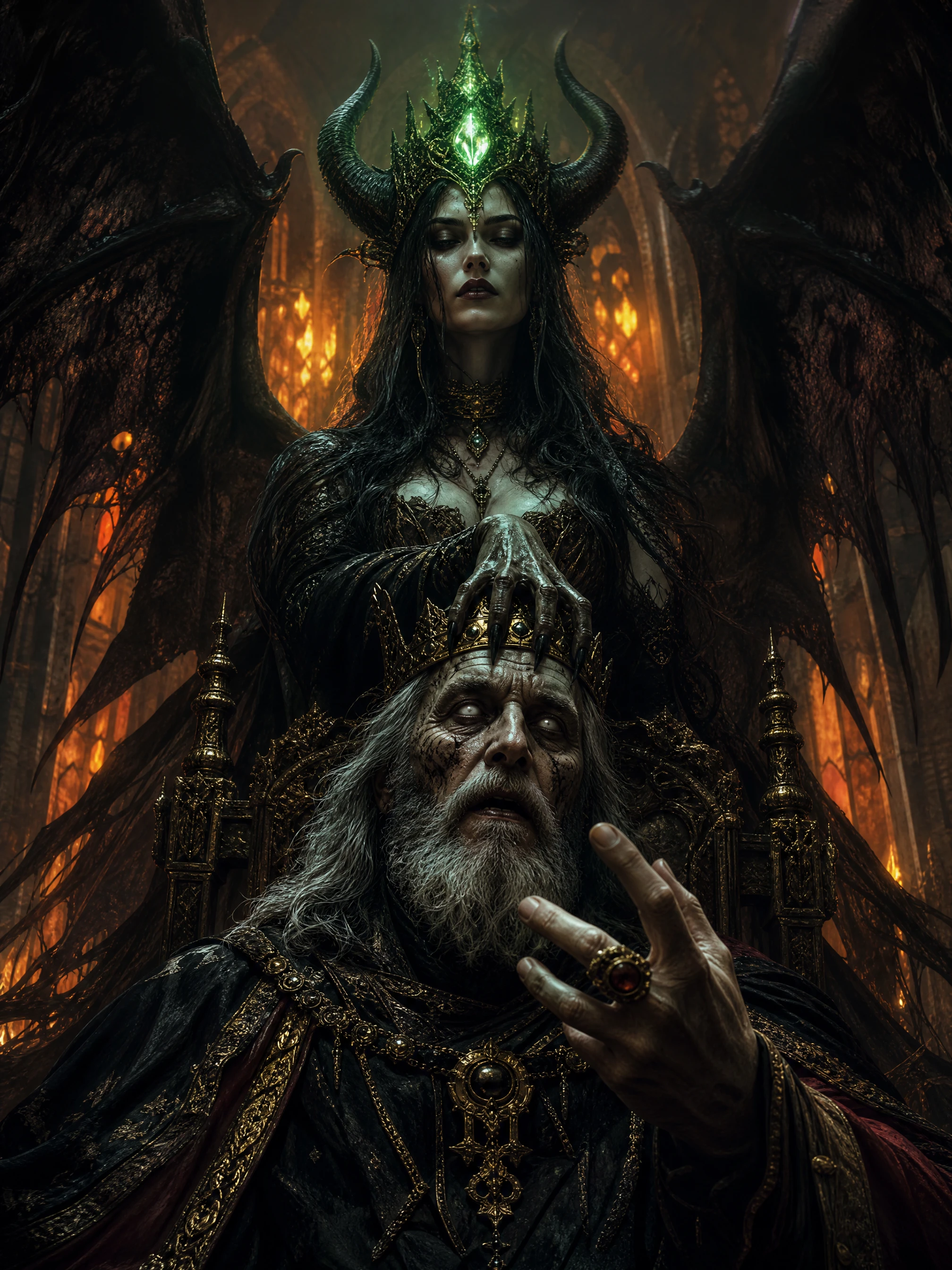 Demonic winged queen looming over a blind old king
