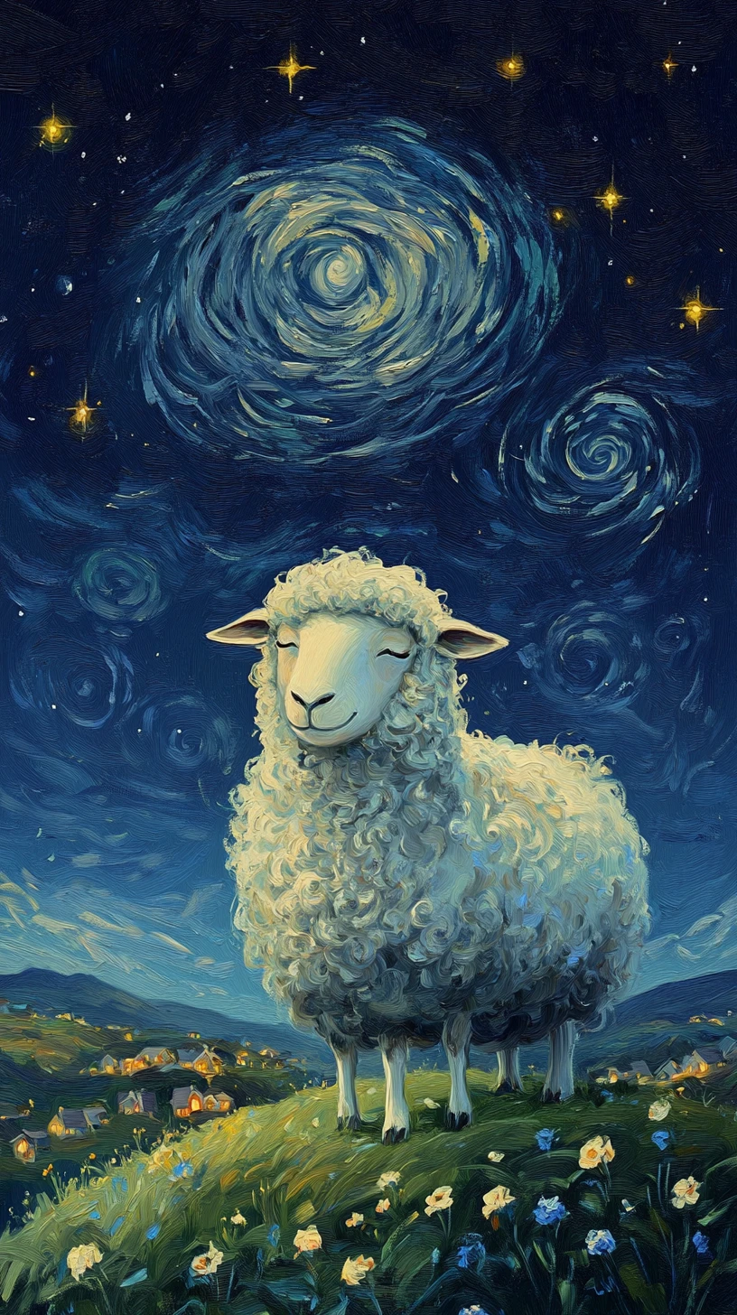 Pintura al óleo onírica de una oveja pacífica de noche
