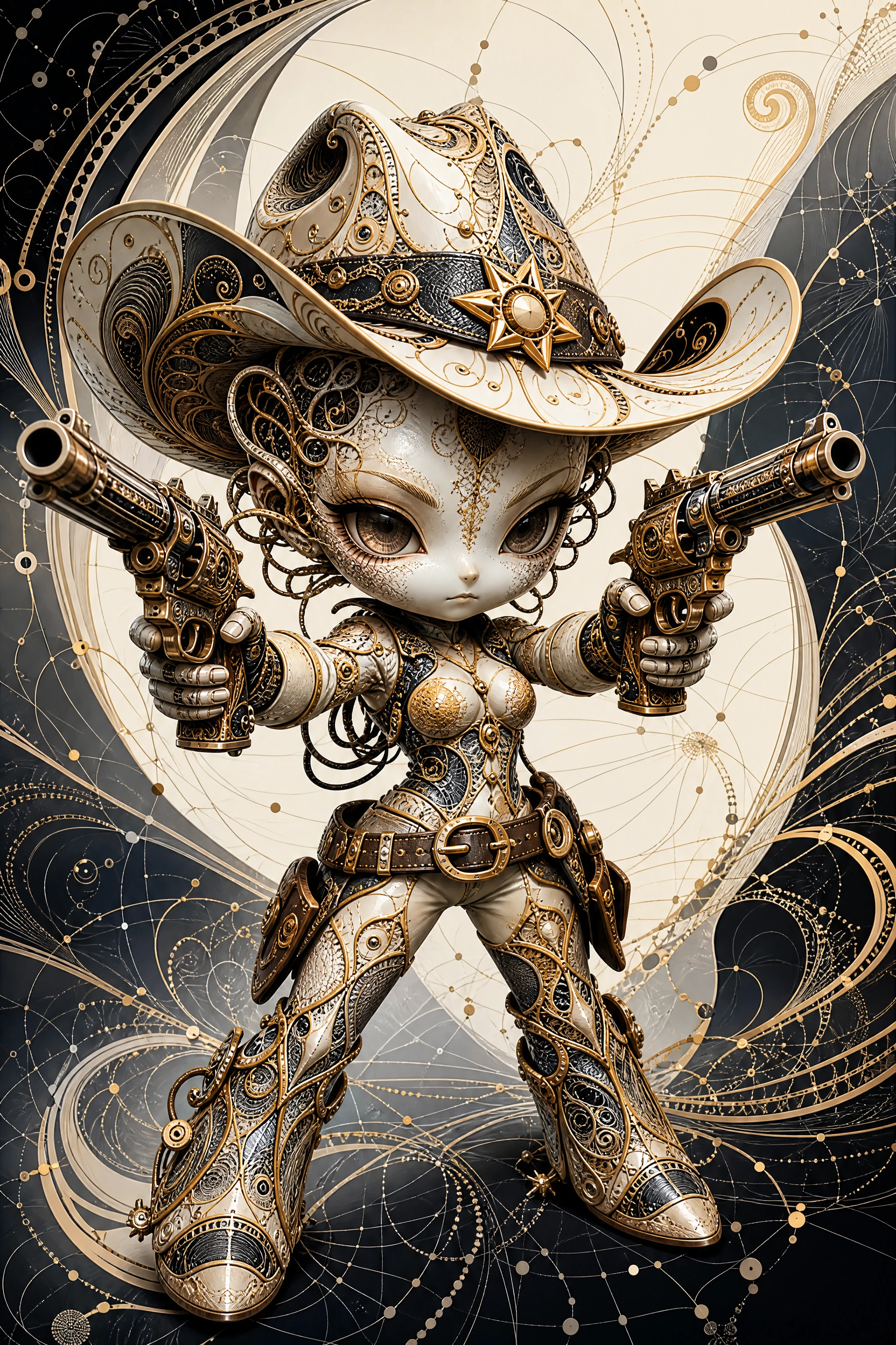 Fractal ceramic chibi cowgirl aiming twin steampunk pistols