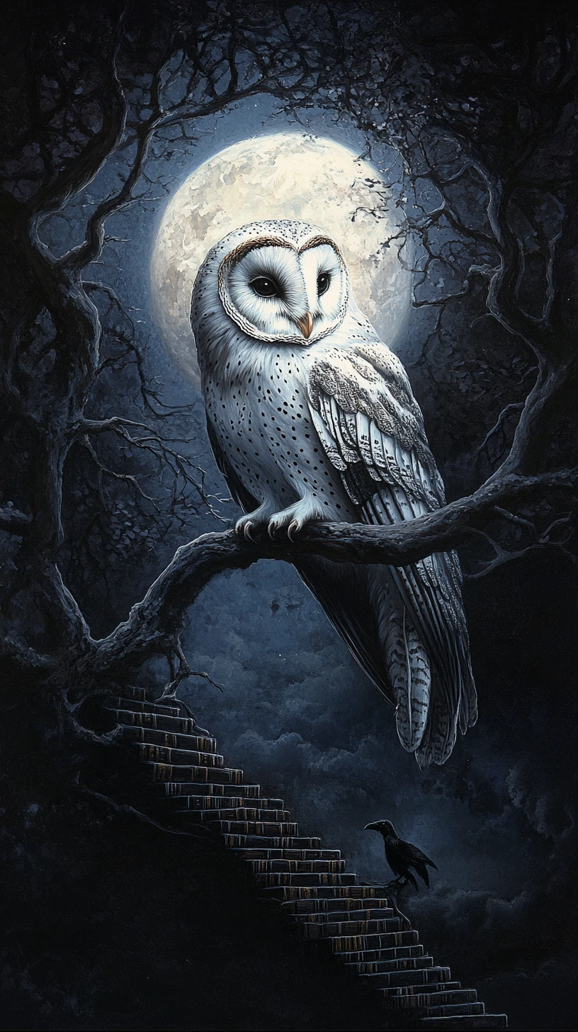 Búho Formado por Libros, Plumas y Cuervos a la Luz de la Luna