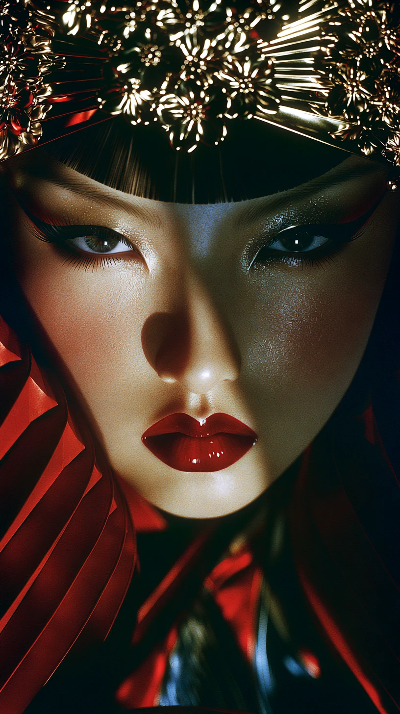 Elegant woman in red traditional attire with gold headpiece