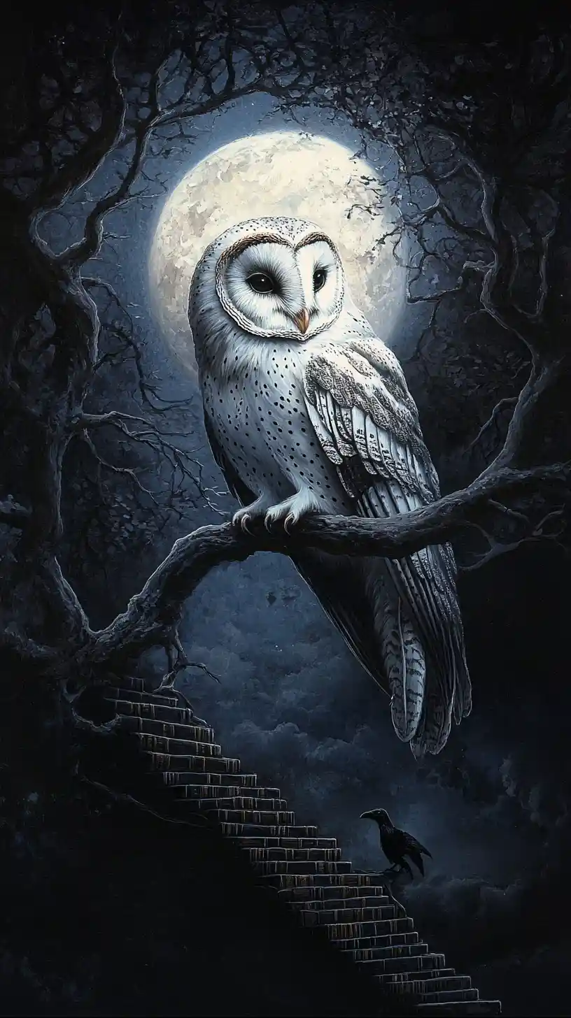 Búho Formado por Libros, Plumas y Cuervos a la Luz de la Luna