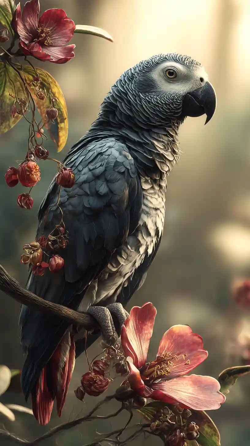 Colorful grey parrot on a flowering branch in rainforest