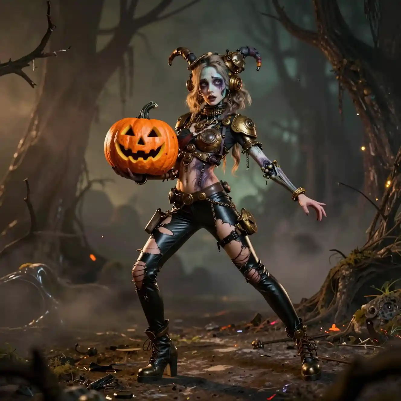 Fantasy halloween woman holding evil zombie pumpkin