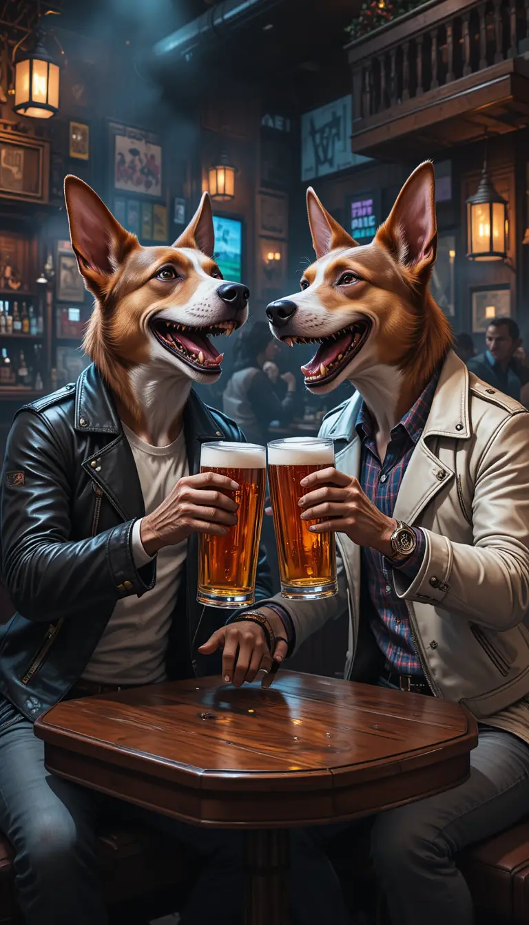 Anthropomorphic dogs sharing beer in a cozy pub