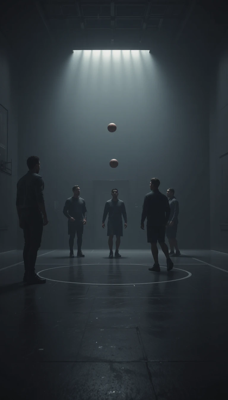 Personas pasándose un balón de baloncesto en una habitación oscura y minimalista
