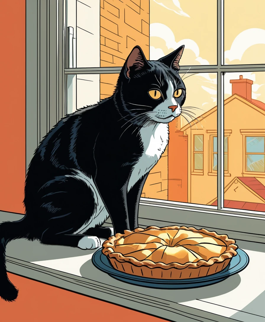 Gato travieso de cómic mirando la tarta de manzana en el alféizar