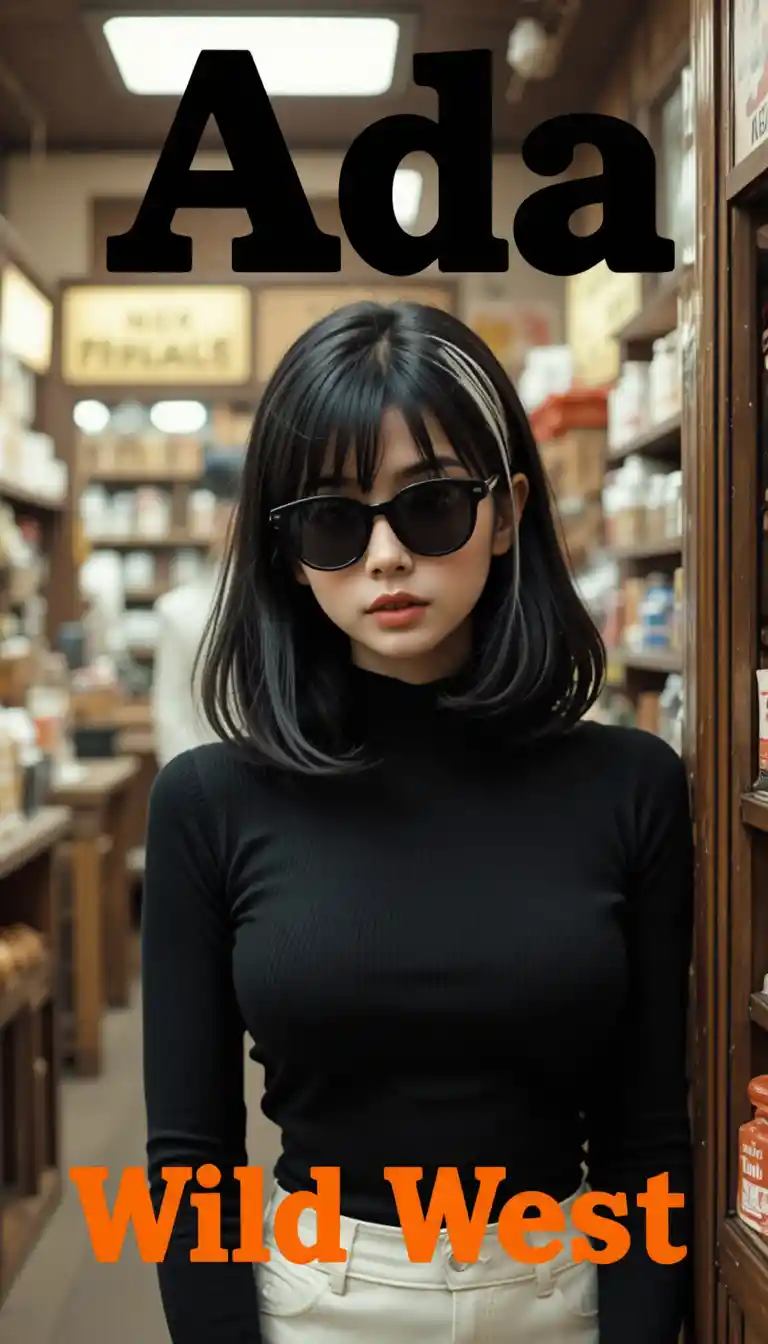선글라스를 쓴 어린 소녀가 있는 빈티지 서부 잡화점
