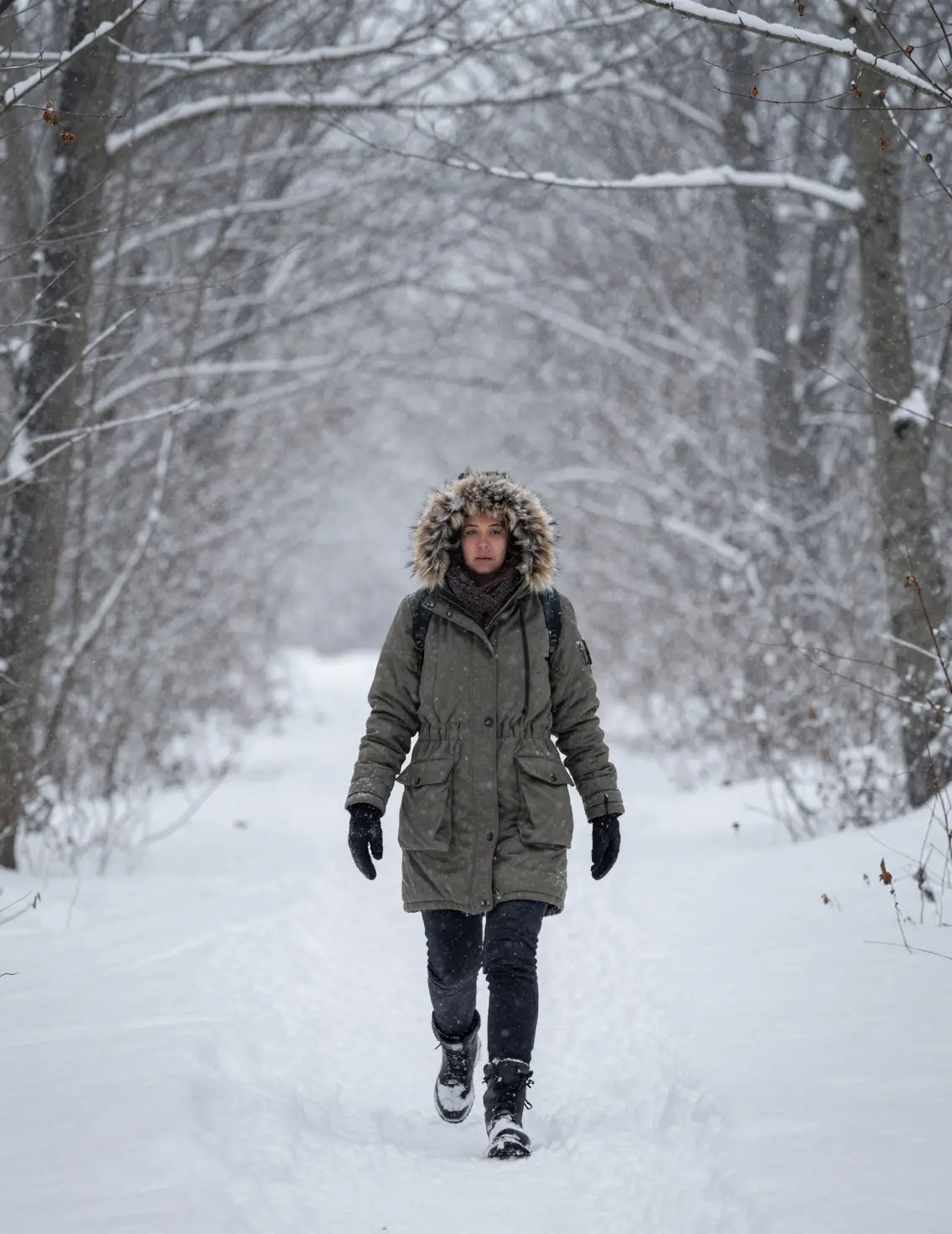 Frau, die durch tiefen Schnee in einem Winterwald geht