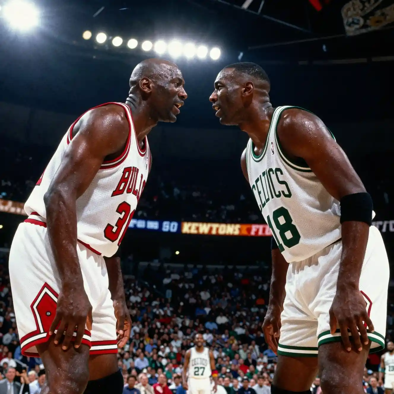 Basketball legends face off at center court in packed arena