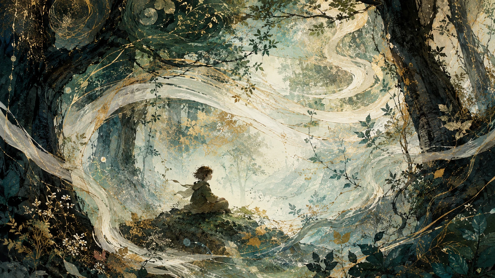 Zarte Waldranken und eine kleine träumende Waldbewohnerin – Illustration