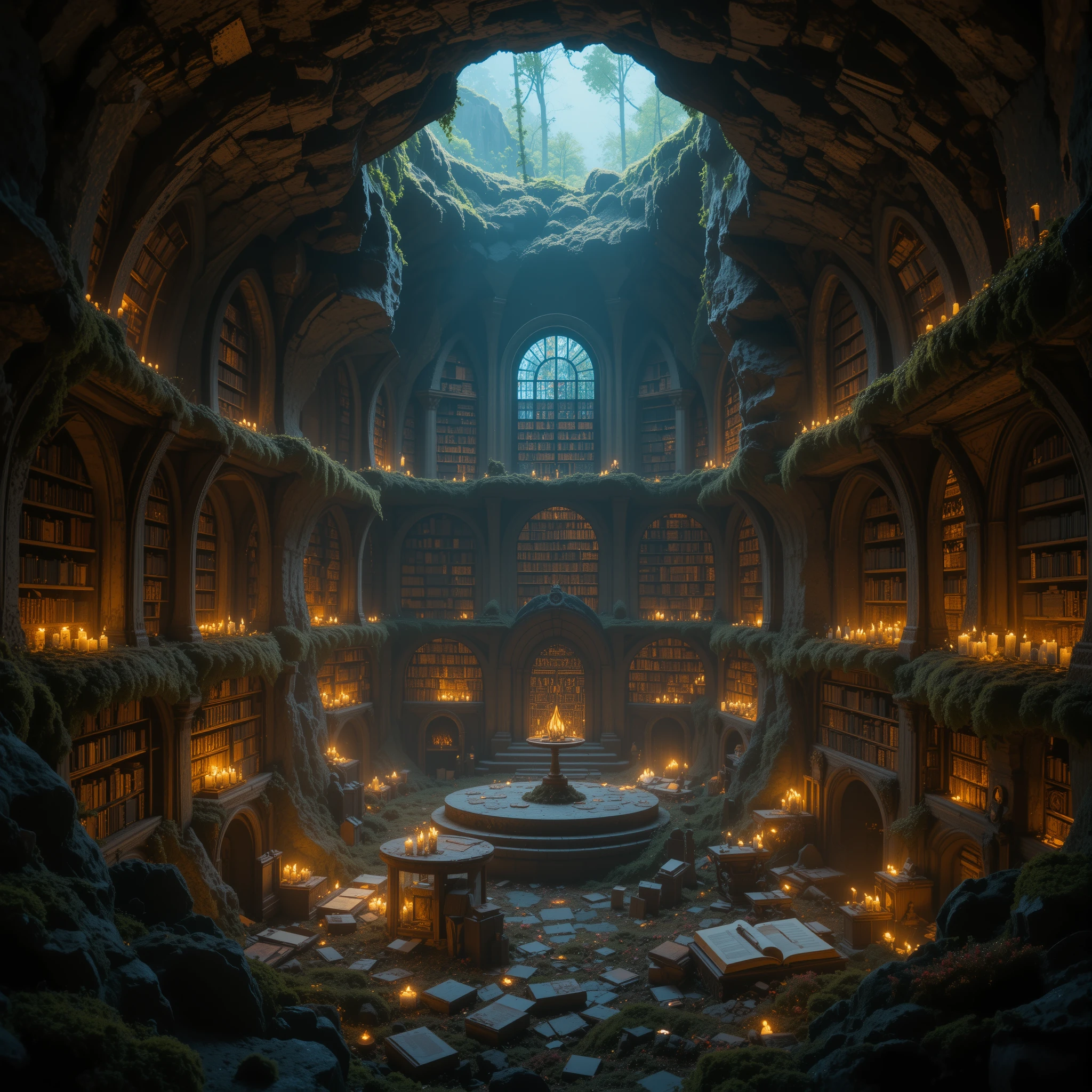 Biblioteca subterránea olvidada iluminada por miles de velas