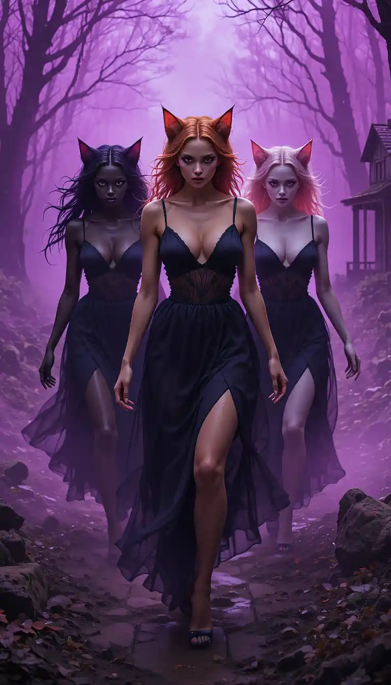 Tres mujeres gato humanoides caminando por un sendero de bosque oscuro