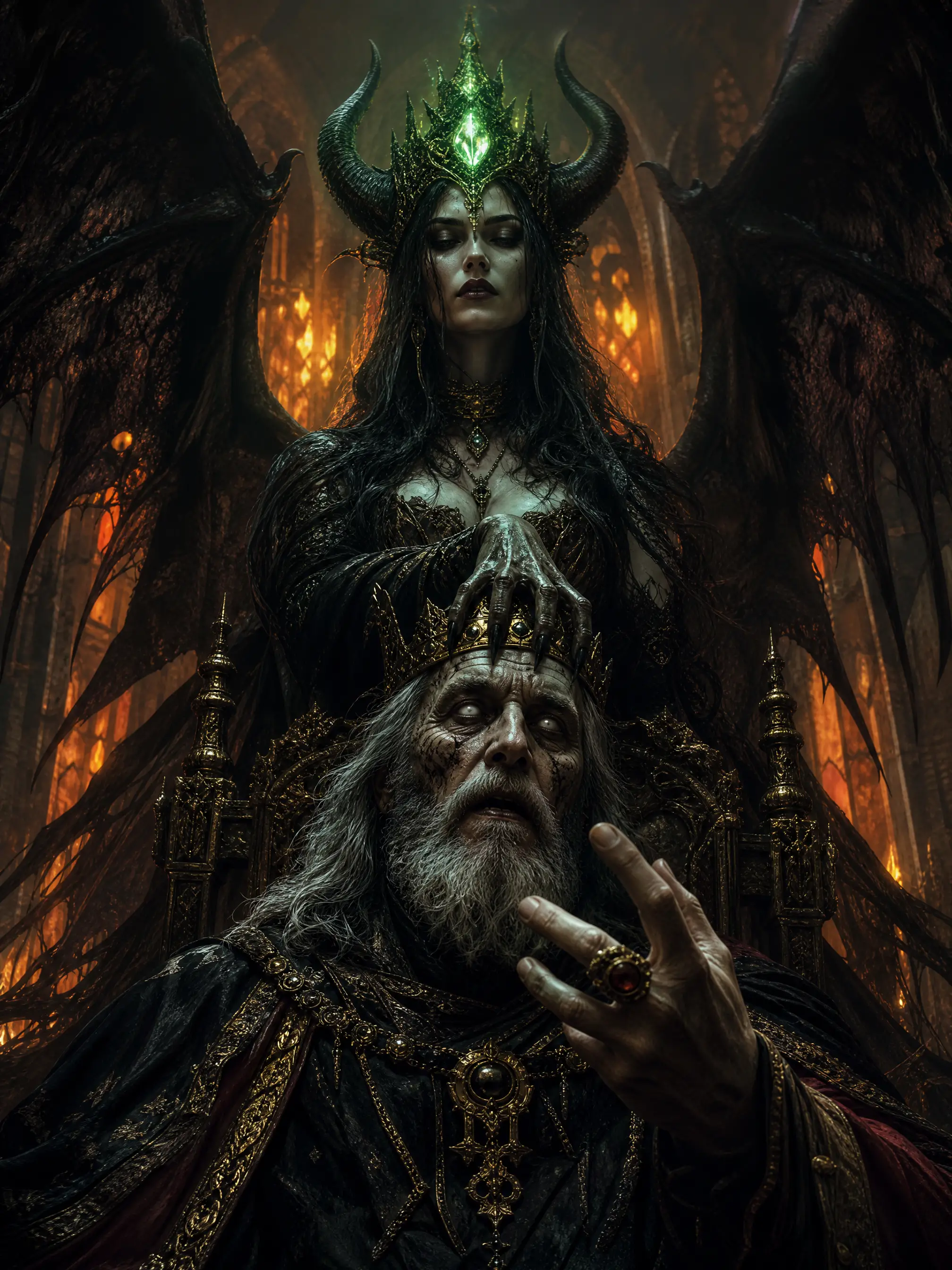 Demonic winged queen looming over a blind old king