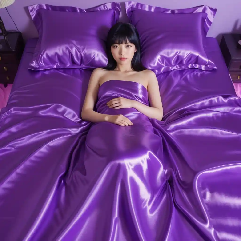 Japanische Frau auf hellem violettem Satinschlafbett liegend