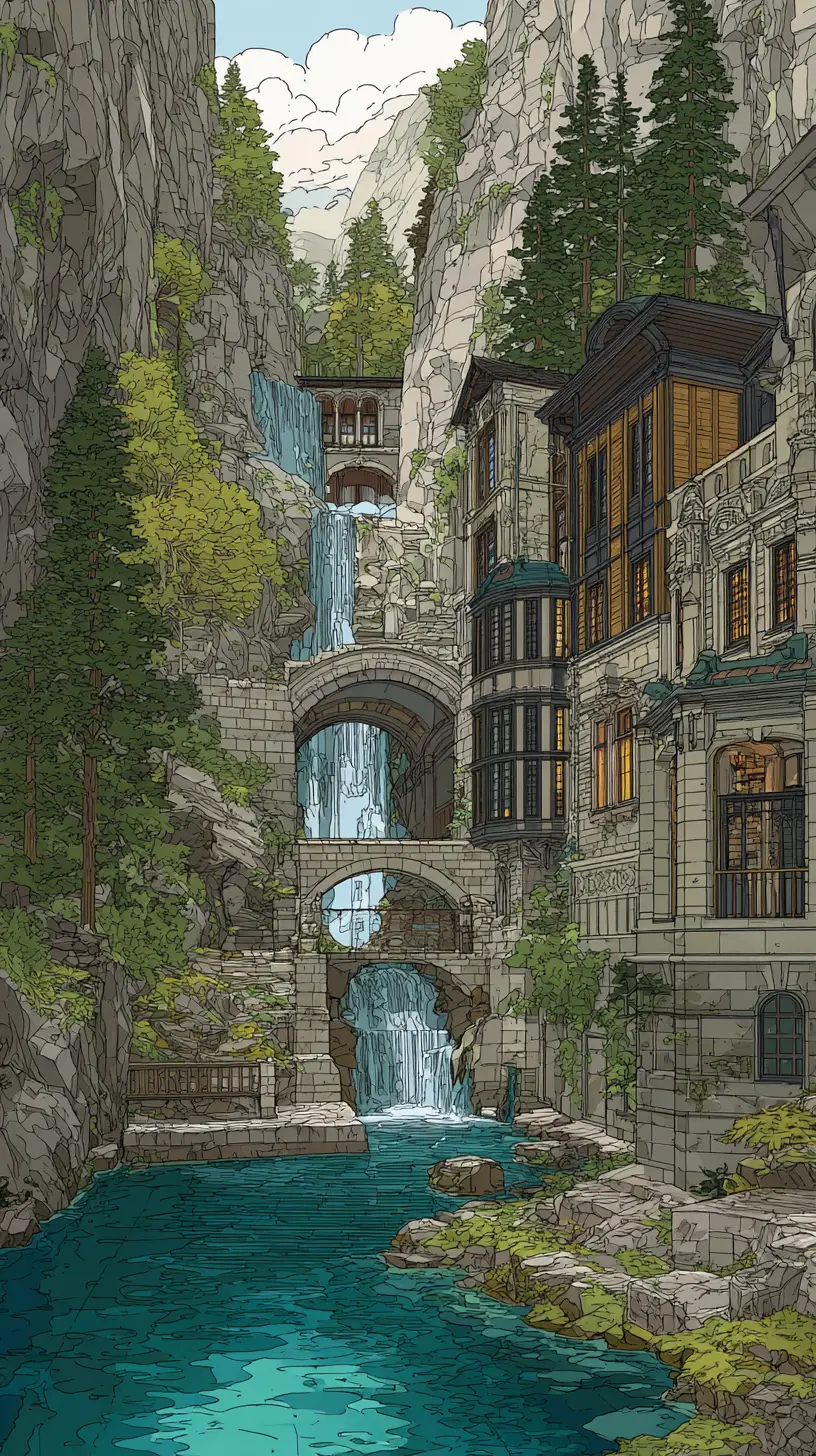 Sezione architettonica fantasy dalla vista esterna a quella interna