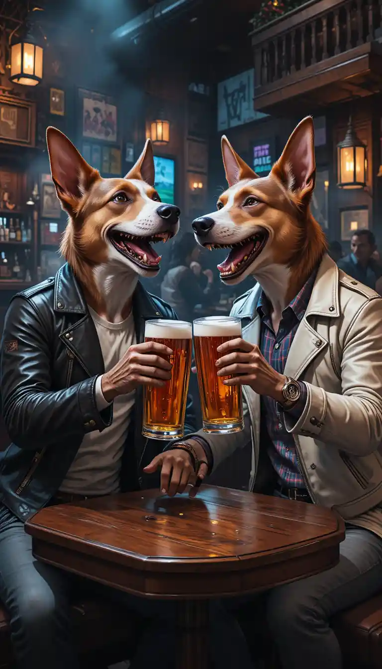 Anthropomorphic dogs sharing beer in a cozy pub