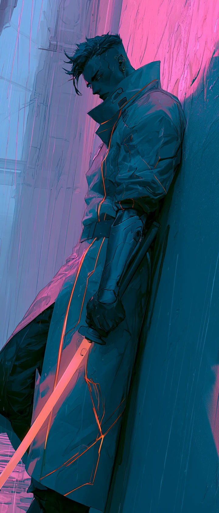 Mercenario cyberpunk con katana neón en un callejón lluvioso