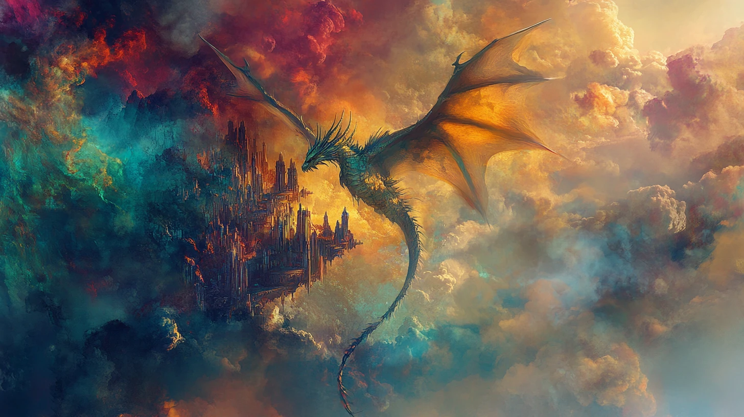 Dragón majestuoso volando hacia una ciudad surrealista fragmentada