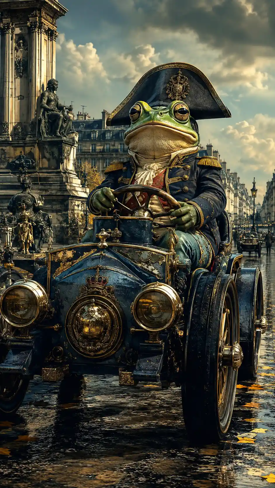 Surrealer Frosch fährt ein Auto im Dark-Fantasy-Stil