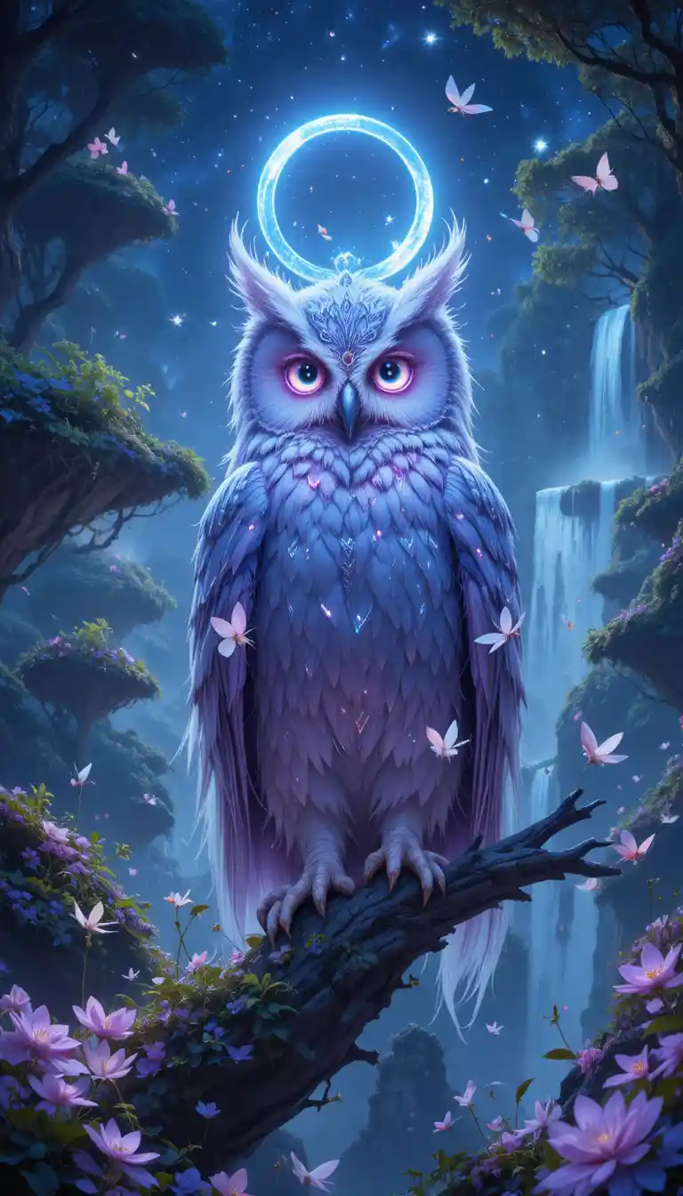 Búho guardián celestial posado en un bosque encantado