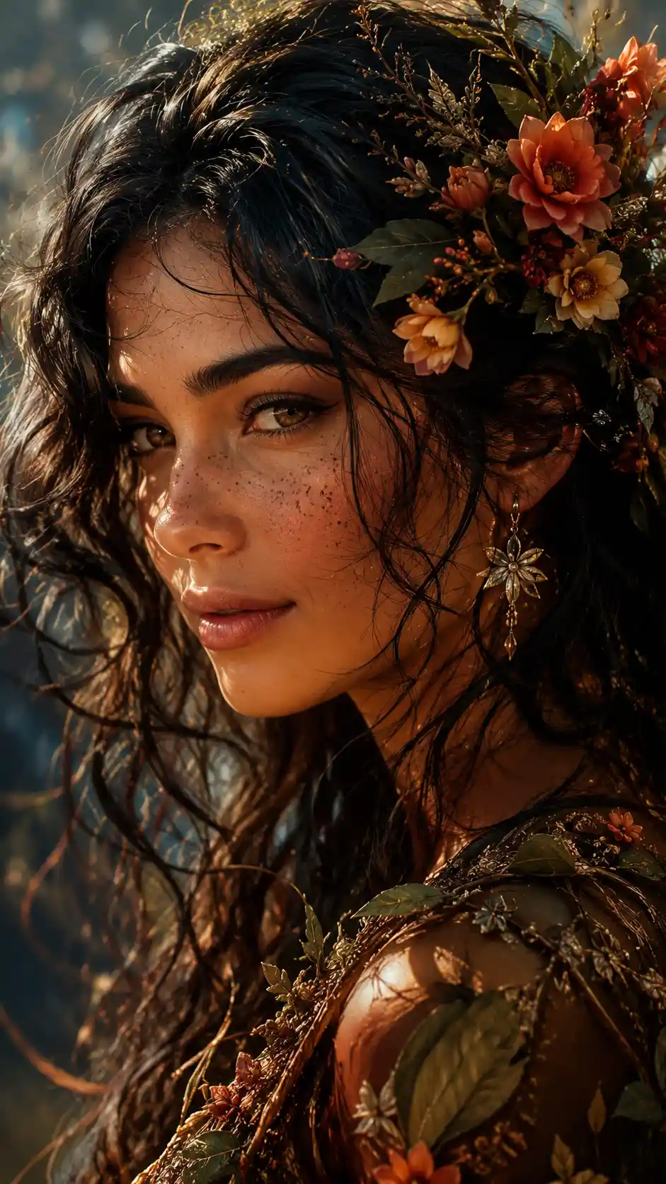 Primer plano surrealista de perfil de una mujer pecosa con flores