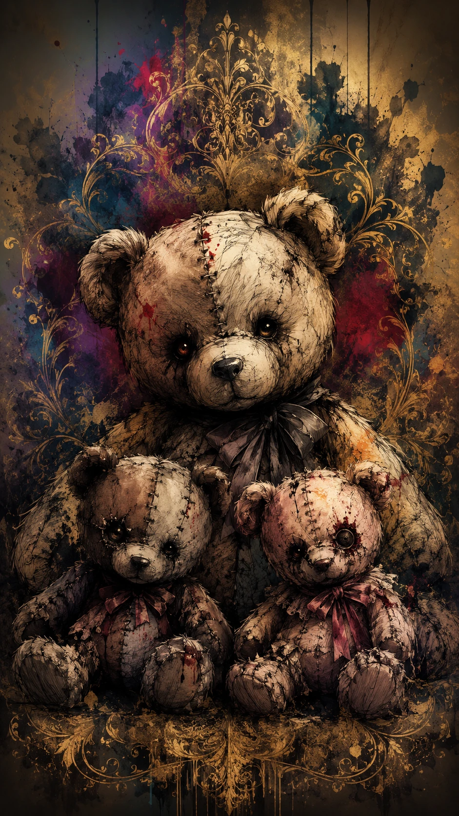 Illustration d’ours en peluche d’horreur inquiétant avec motifs dorés