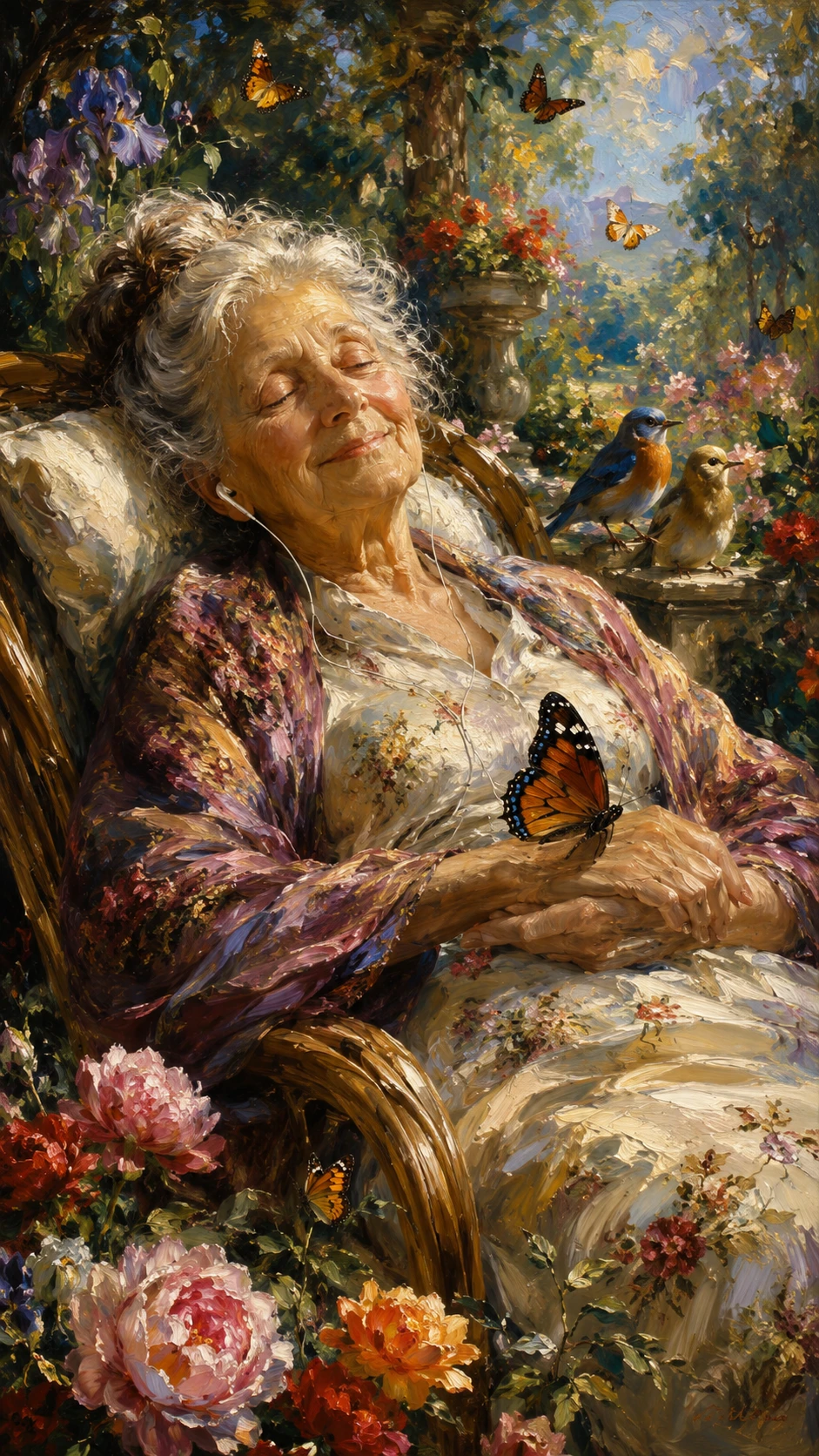 Mujer mayor descansando en un jardín de flores con mariposas