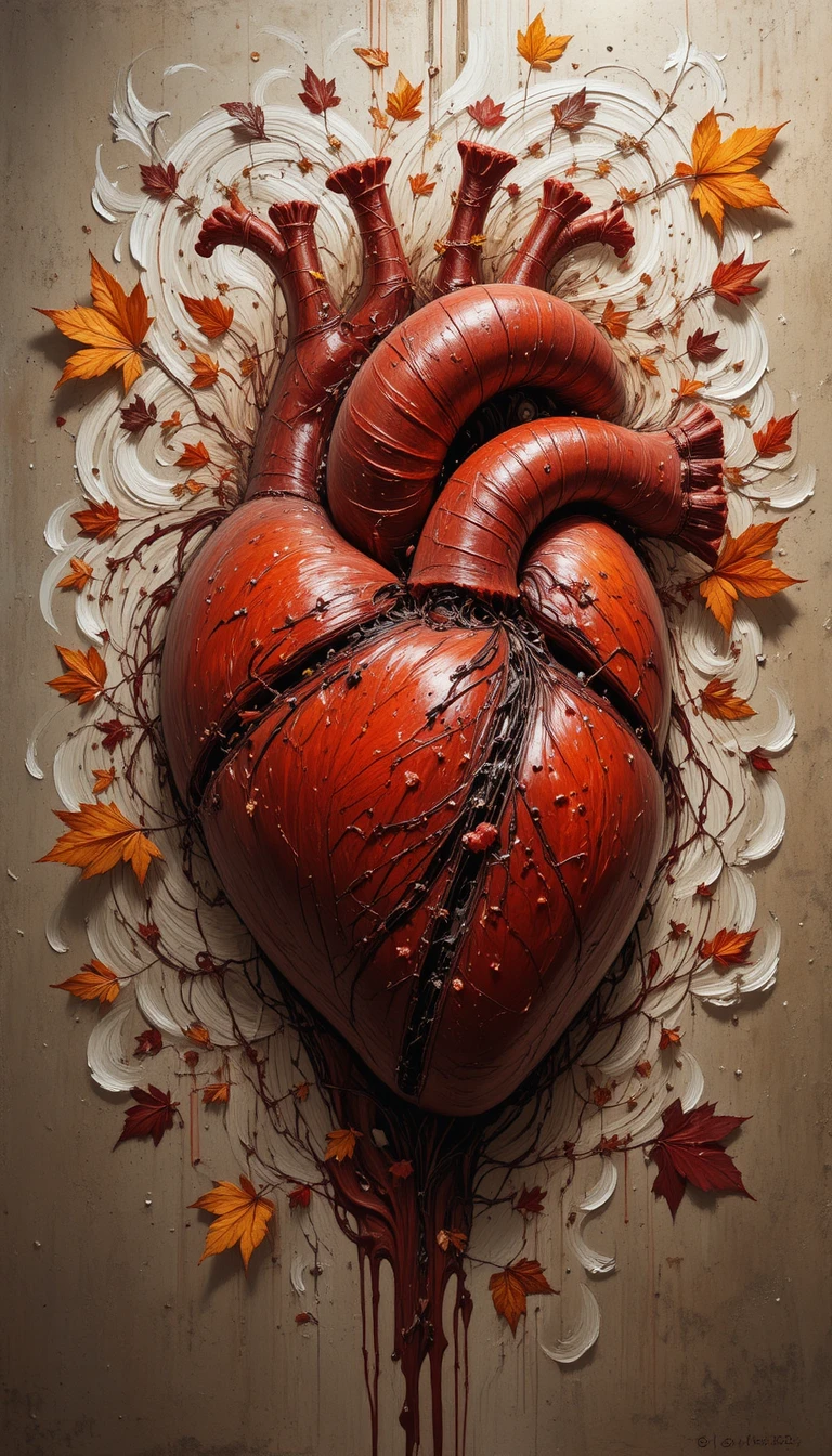 Impasto painting of an anatomical heart with swirling strokes