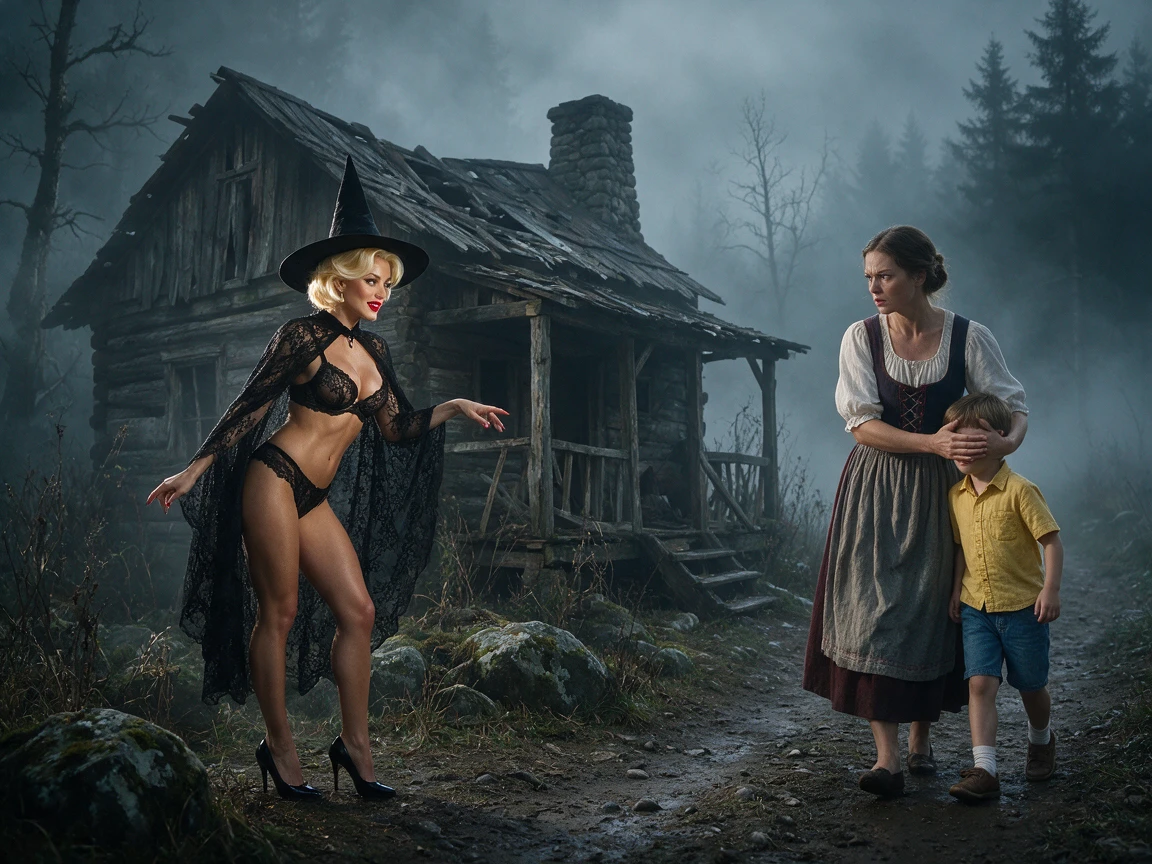 Witch Tempting A Boy Beside Foggy Abandoned Cabin