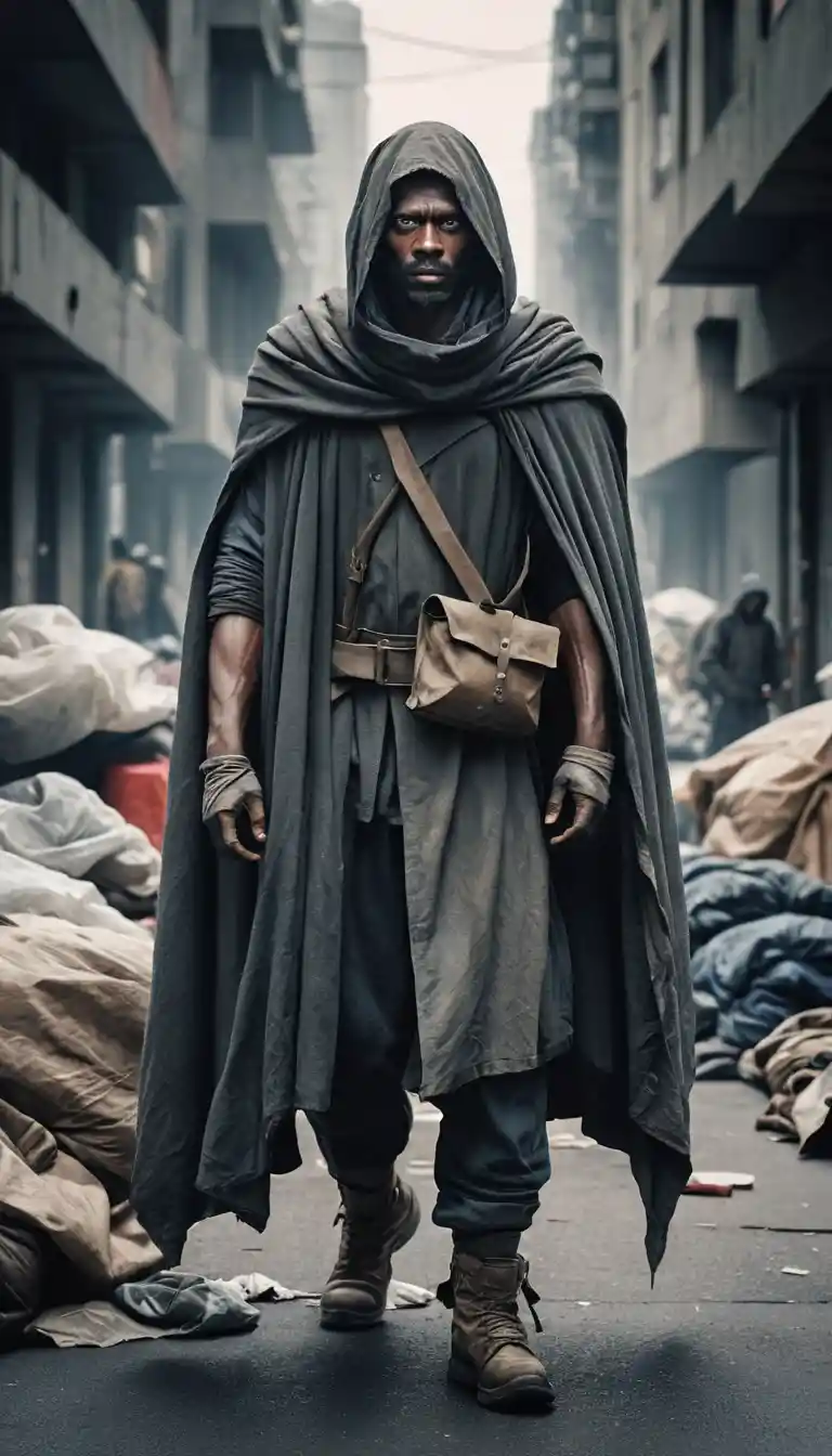 Heroic figure in avant garde armor protecting the vulnerable