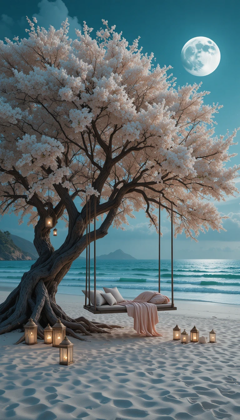 Moonlit flowering tree over romantic swing bed on beach