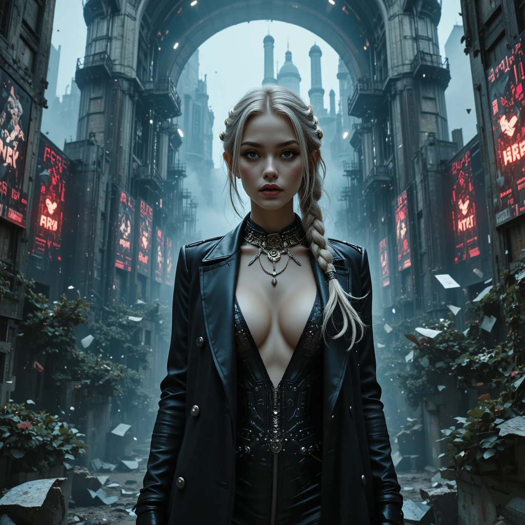 Cyberpunk heroine in glitching brutalist city ruins