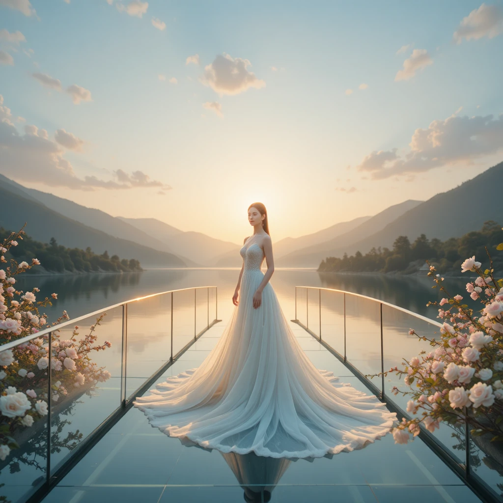 Mujer en un puente de vidrio al amanecer sobre lago de montaña