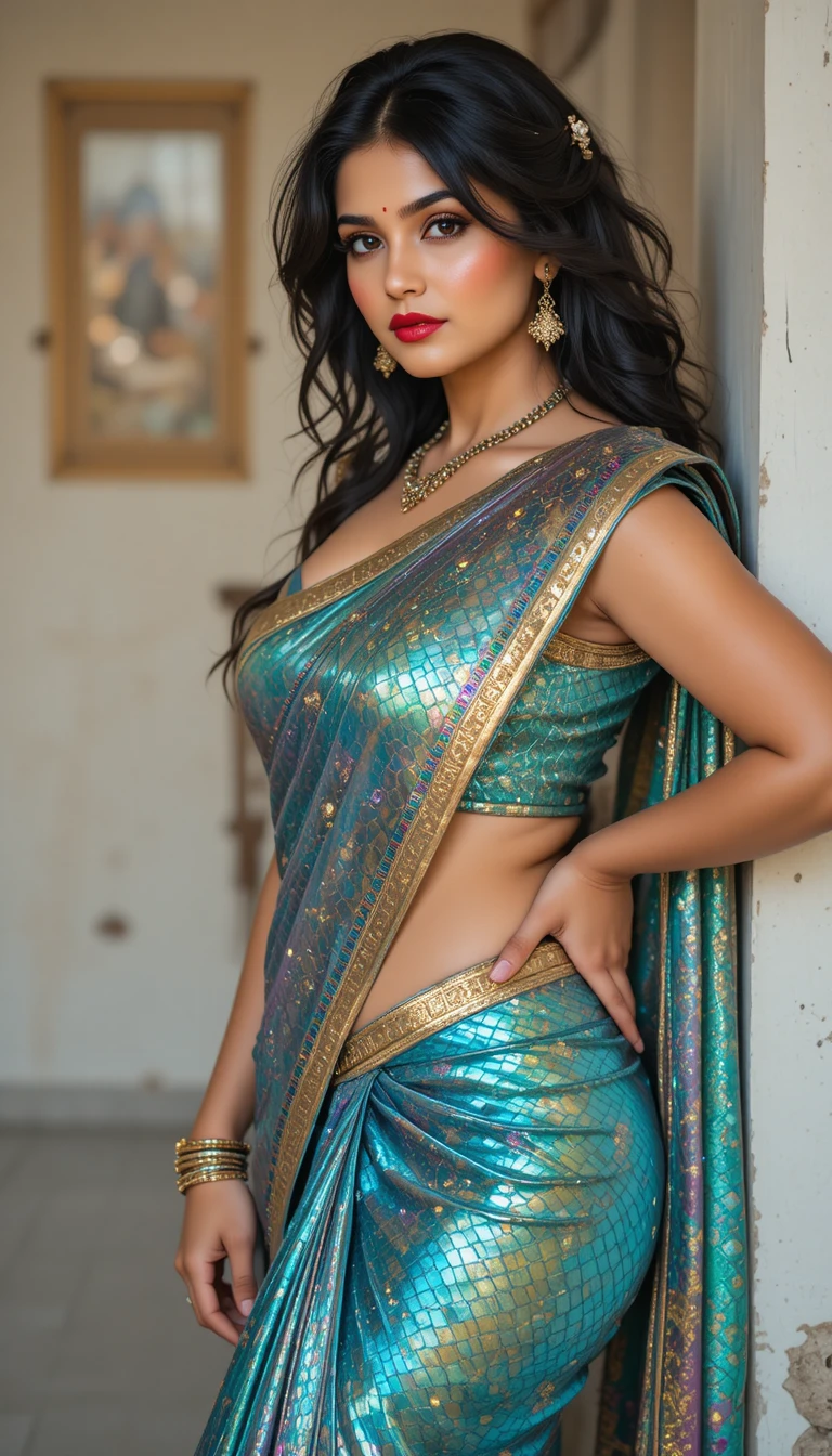 Mujer india con sari brillante inclinada por la cintura