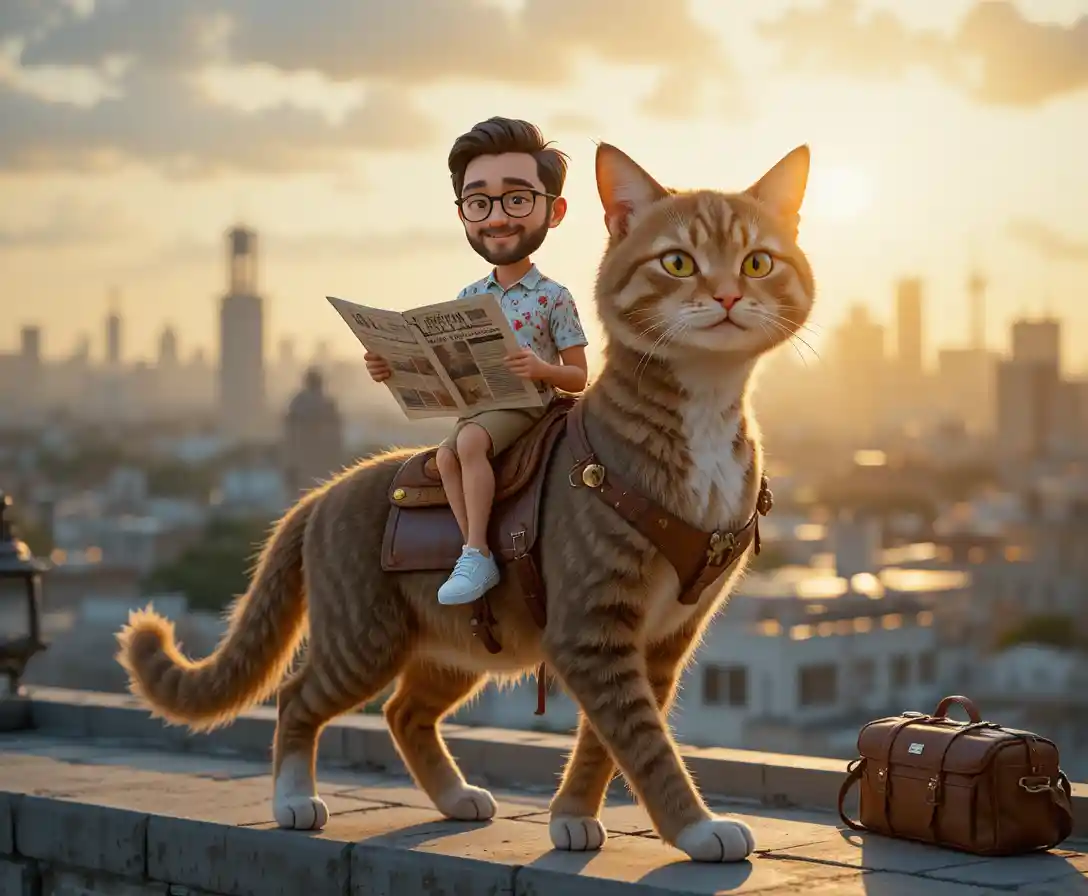 Minuscule homme lisant sur une selle au sommet d’un immense chat tigré