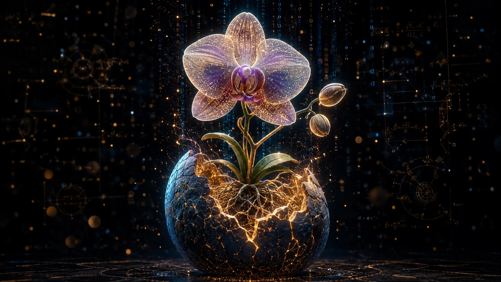Orquídea surreal que emerge de un huevo de dragón en luz digital
